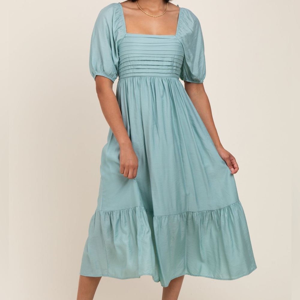 Pleated Botice Puff Sleeve Midi Dress Small